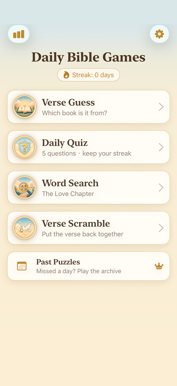 Daily Bible Games home — four daily puzzle modes